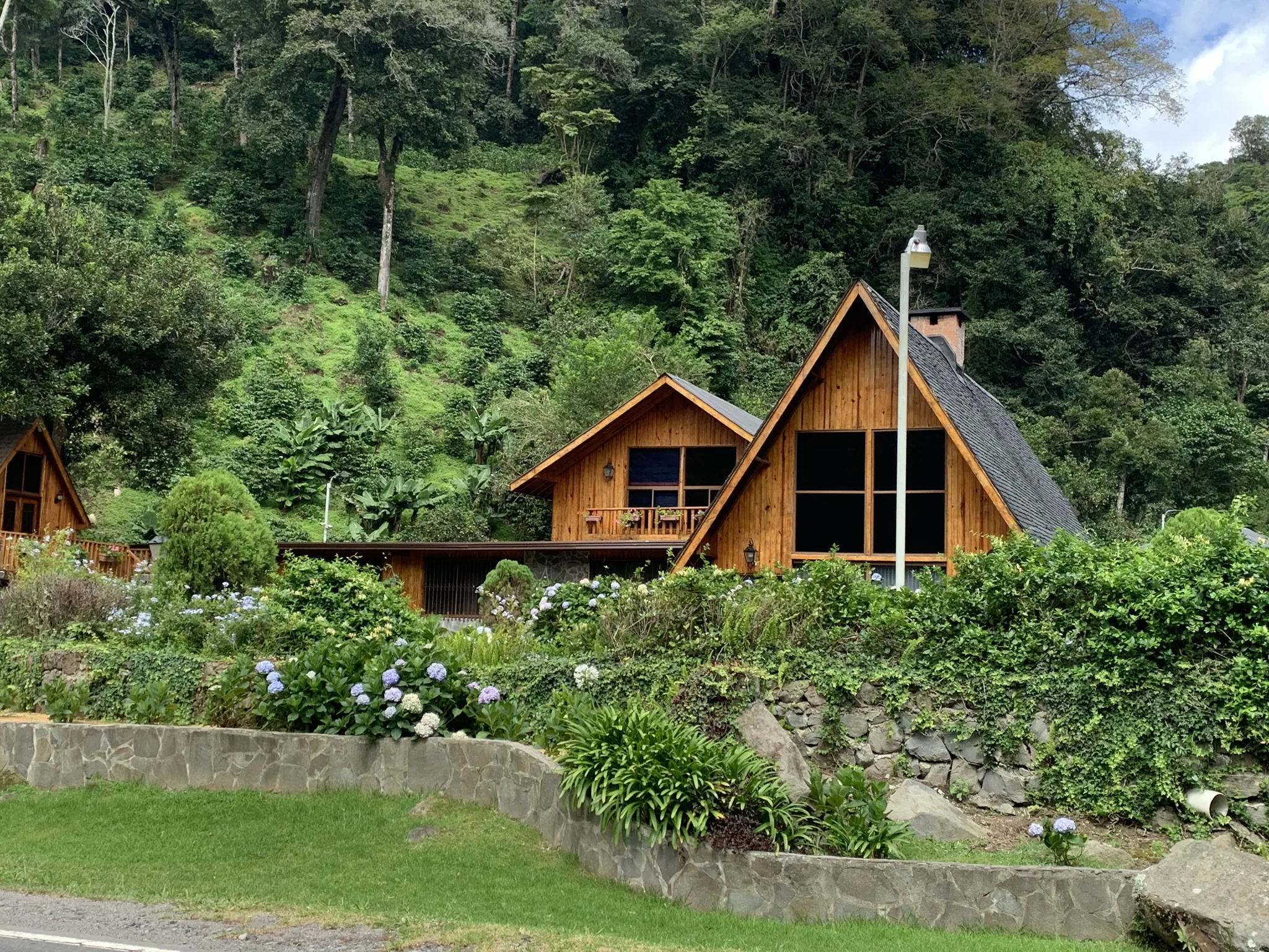 Timber A-frame cabins on a hillside above Boquete, hydrangeas along the wall