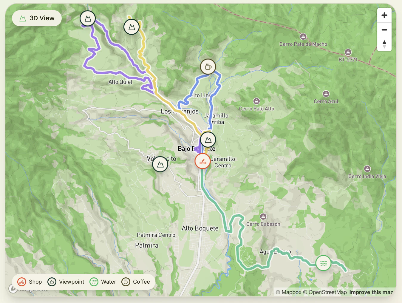 A map graphic plots color-coded mountain-bike routes through Bajo Boquete, Alto Boquete, and the surrounding highlands, with markers for viewpoints and coffee stops.