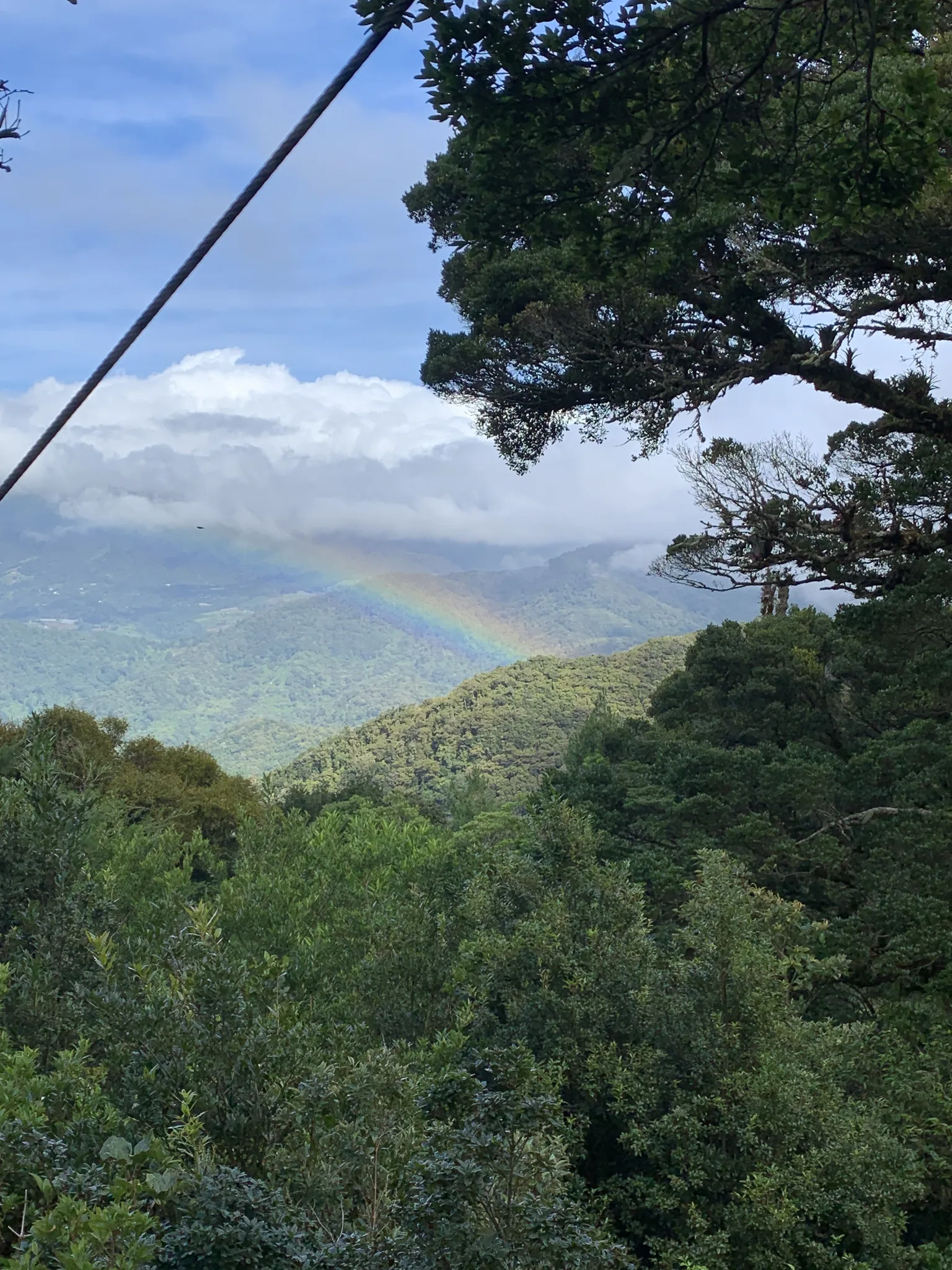 A faint rainbow arcs over layered green hills, framed by a zipline cable and overhanging tree branches.